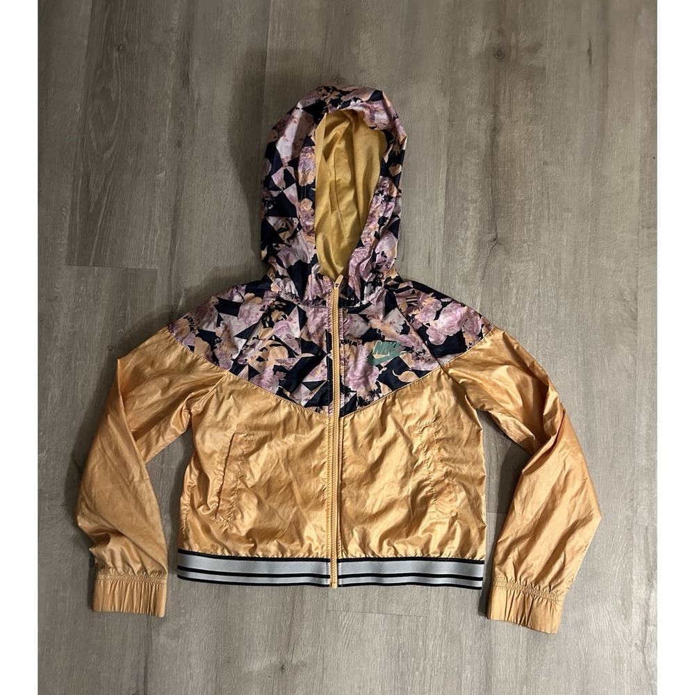 Nike Sportswear Windrunner Girls Hooded Jacket, Orange w/Pink Floral Print, XL